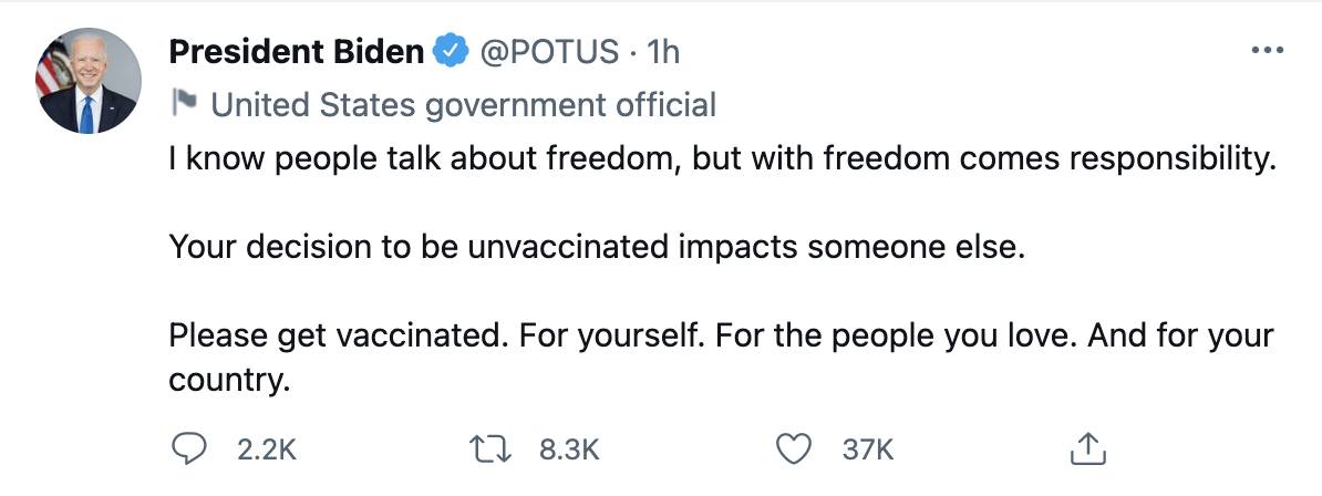 Screenshot of President Biden's July 29, 2021 vaccination tweet
